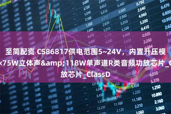 至简配资 CS86817供电范围5~24V，内置升压模块，2×75W立体声&118W单声道R类音频功放芯片_ClassD